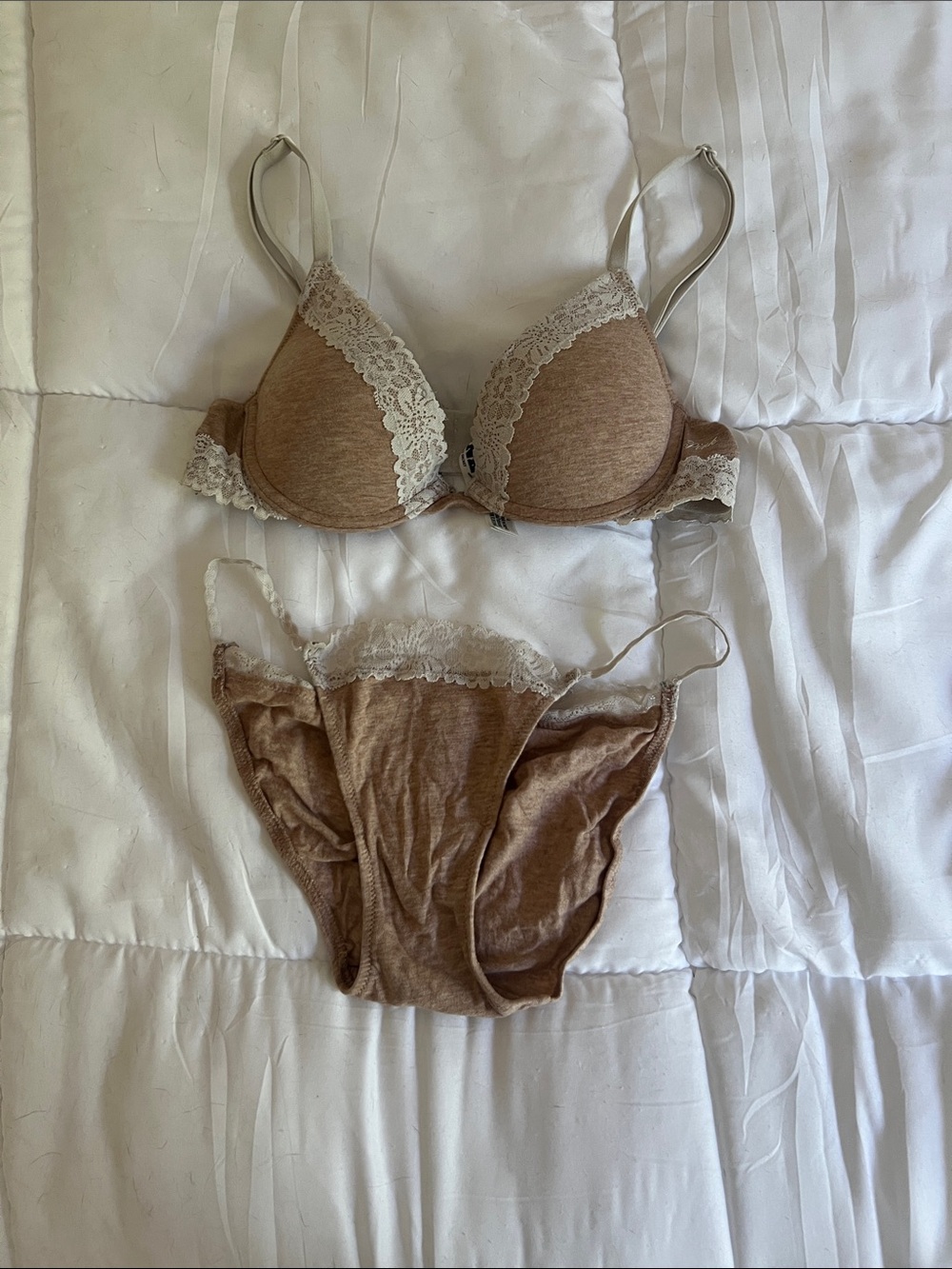 VS Pink Women’s Lace Trim Bra & Panty Set in Taupe